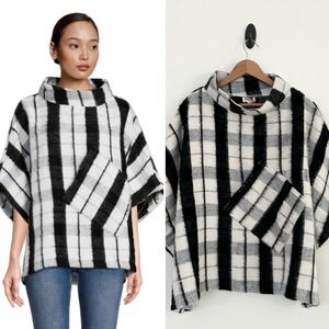 World Market One Size Cecil Black White Multi Funnel Pullover Poncho Jacket NWT
